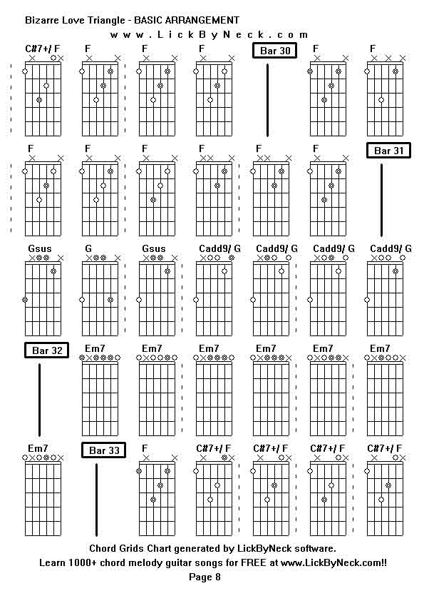 Chord Grids Chart of chord melody fingerstyle guitar song-Bizarre Love Triangle - BASIC ARRANGEMENT,generated by LickByNeck software.